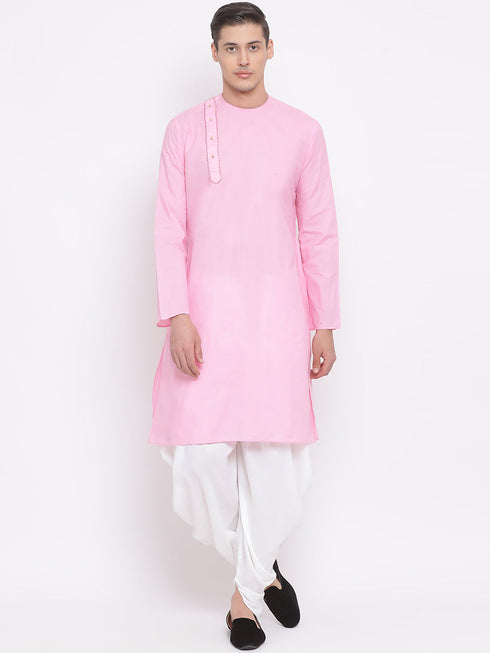 Vastramay Men's Pink Cotton Blend Kurta and White Dhoti Set